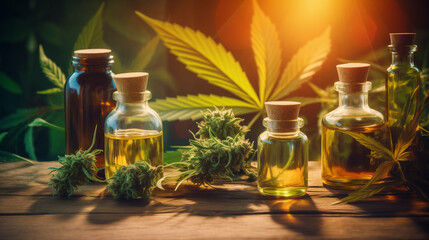 Obraz na płótnie Canvas essential oil with herbs, cannabis leaves, marijuana