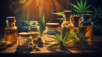 essential oil with herbs, cannabis leaves, marijuana - obrazy, fototapety, plakaty