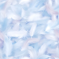 Fototapeta na wymiar Abstract Texture colored fluffy bird feathers background. Soft and Light blue Pastel Tinted White Feathers Randomly Scattered to Form Fluffy and Airy White Background.
