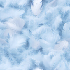 Abstract Texture colored fluffy bird feathers background. Soft and Light blue Pastel Tinted White Feathers Randomly Scattered to Form Fluffy and Airy White Background.