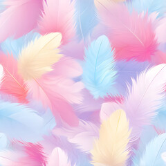 Obraz premium Abstract Texture colored fluffy bird feathers background. Soft and Light Pastel Tinted White Feathers Randomly Scattered to Form Fluffy and Airy White Background.
