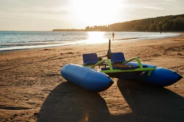 Foto auf Acrylglas Camps Bay Beach, Kapstadt, Südafrika Sports High-speed Catamaran Inflatable Boat for Fishing Camping Rowing Drifting at Sunset by the Sea