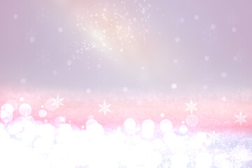 Abstract blurred festive delicate winter christmas or Happy New Year background with shiny blue pink and white bokeh lighted stars. Space for your design. Card concept.