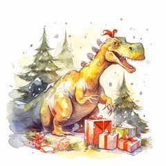 watercolor portrayal of a dinosaur donning a Santa suit