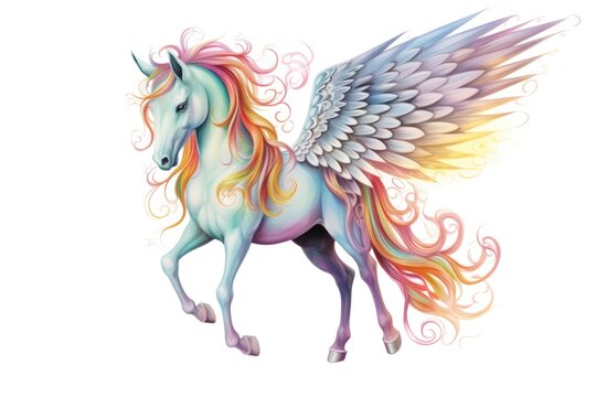 A white horse with a colorful mane and wings