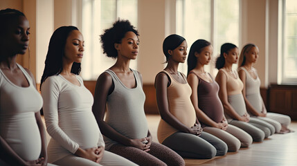 Line of diverse pregnant women practicing prenatal yoga.