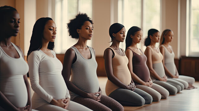 Line of diverse pregnant women practicing prenatal yoga.