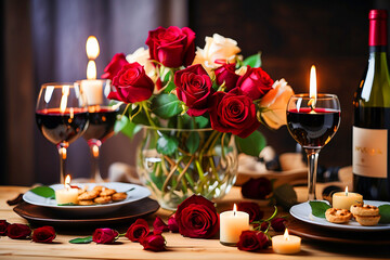 Ai Generated, Romantic Dinner. Bouquet of flowers lying on the table, selective focus on bunch of roses, two glasses of red wine and candles on the wooden desk. Date concept, blurred background.