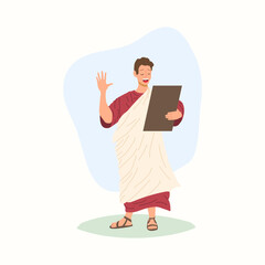 Ancient Greek Roman Town Crier Reading out City Laws and Ordinances with Raised Hand. Cartoon Character of Ancient World. Vector Illustration.