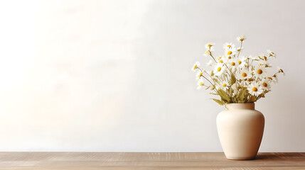 Fototapeta na wymiar Wooden table with beige clay vase with bouquet of chamomile flowers near empty, blank white wall. Home interior background with copy space