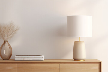 A chic white table lamp with golden accents, along with books on a wooden sideboard, is situated in front of a bare beige wall in a 3D close up.
