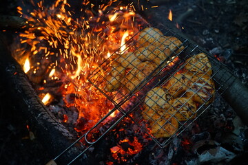 chicken meat on a metal grid and on fire. The concept of recreation in nature
