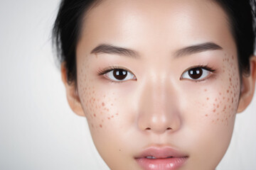 Fototapeta premium A semi-fresh Asian female with freckles and problematic skin gazes into the camera on a white background, with ample room for text.