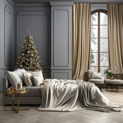 Obraz premium interior of the room decorated for the new year holiday. atmosphere of magic concept. Seasonal holidays, greeting card. Christmas and happy New Year. square