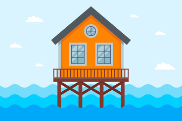 house on stilts in the sea. flooding with water. flat vector illustration.