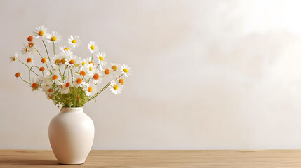 Wooden table with beige clay vase with bouquet of chamomile flowers near empty, blank white wall. Home interior background with copy space