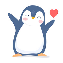 Charming penguin with a heart. Congratulations on Valentine's Day. A declaration of love. Illustration for postcards,greeting stickers,prints isolated on a white background. Kawaii Penguin Cartoon.