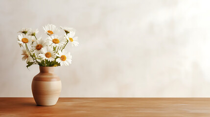 Wooden table with beige clay vase with bouquet of chamomile flowers near empty, blank white wall. Home interior background with copy space