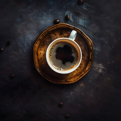 Cup of coffee and coffee beans on black background. Coffee cup and beans on old kitchen table. Top view of Hot coffee cup and coffee beans on black background.