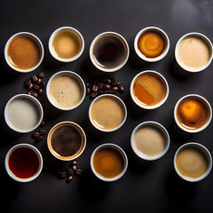 Obraz na płótnie Canvas Group of coffee cup on black background. Coffee cup on old kitchen table. Aerial view of various coffee cup on black background.