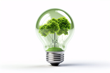 An isolated eco-friendly LED bulb powered by solar panels on a white background symbolizes sustainable energy. - obrazy, fototapety, plakaty