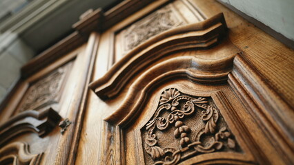 Artistry of Ages - Elegant Ornamentation on Ancient Wooden Door in Antique Architecture