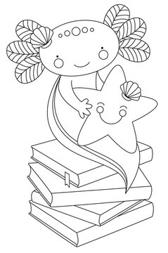 Axolotl mit Seestern auf B&uuml;cherstapel