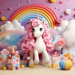 Naklejka premium Abstract 3d unicorn and rainbow on clouds, cute unicorn background, mother and baby store background, kids room wallpaper, kindergarten wallpaper, children's book illustration