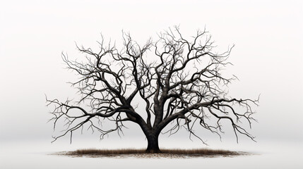 A desolate, leafless tree standing on a white background.
