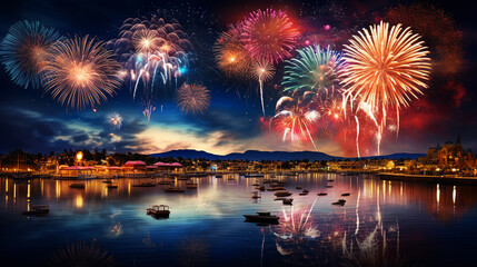 Naklejka premium Colorful fireworks of various colors over night sky