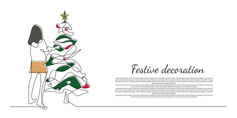 merry christmas background.white background with line art object of woman putting up christmas tree baubles.