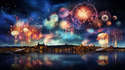 Naklejka premium Colorful fireworks of various colors over night sky