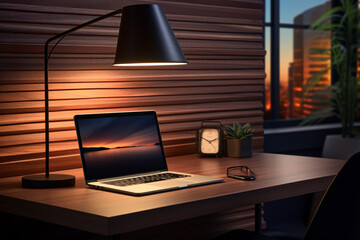 A modern, dark-wooden office desk, illuminated by a table lamp, holds a laptop, accessories and copy-space for product-display in a close-up 3d rendering.