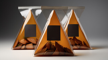 Pyramid tea bags on a pallid background.