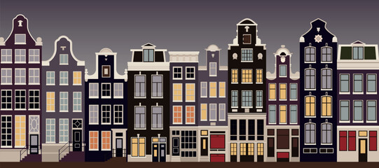 Historic Amsterdam style poster. The Damrak street between Dam Square and Central Station. Historical destinations in Europe. Architecture of Netherlands.