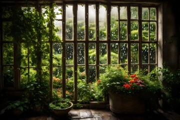 A rain-spattered window  a blurred yet enchanting view of a verdant garden.