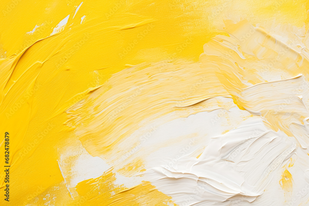 Poster dynamic yellow and white acrylic paint strokes on canvas creating a bold and expressive abstract bac