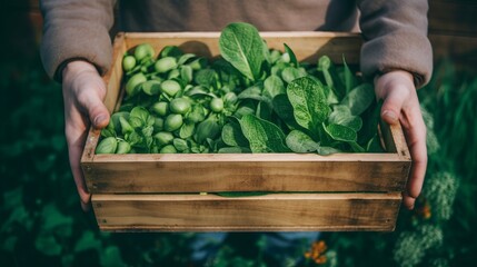 Farmer hands holding wooden box with salad, lettuce and greenery harvest.