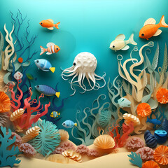 Fototapeta na wymiar Landing page cartoon sea turtle, jellyfish and tropical fish shoal on paper cut underwater landscape with coral reef and seaweed plants in ocean depth.