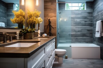 Luxury modern bathroom with white and gray walls, concrete floor and white bathtub - obrazy, fototapety, plakaty