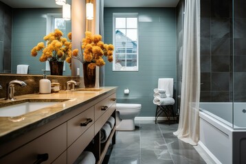 Interior of modern bathroom with bathtub, mirror and sink.