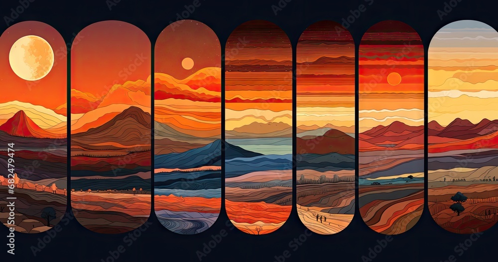 Poster flat landscape sets in the form of bright colors generative ai