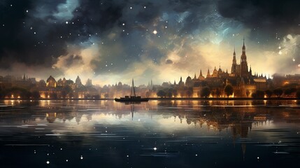 Fototapeta na wymiar an elegant cityscape with lights shimmering on the surface of a peaceful lake