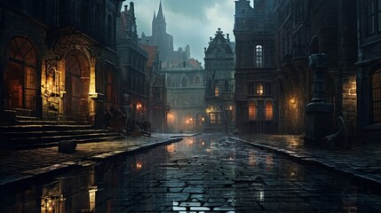 an elegant cityscape with reflections in wet cobblestone - obrazy, fototapety, plakaty