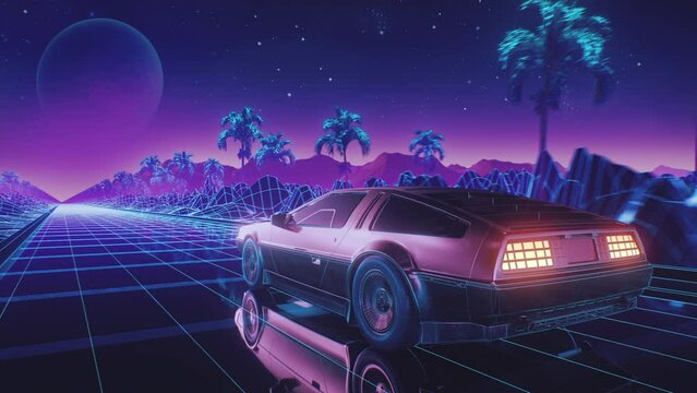 Loop Car and background neon retro wave 80s style