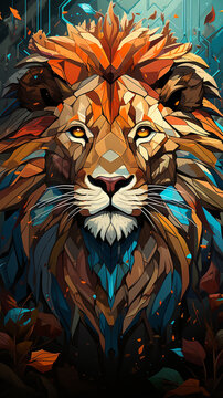 Geometric cubist lion head with the face in a polygon abstract pattern.