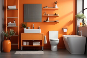 Bathroom interior with orange wall, tiled floor and comfortable orange bathtub.  