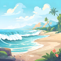 Obraz premium hello summer text with tropical beach vector illustration. simple modern summer theme design vertical template background. flat beach landscape summer background.