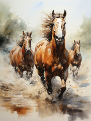 Watercolour abstract animal painting of brown horses running through a river.