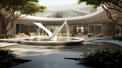 an elegant image of a corporate office courtyard with a contemporary kinetic water feature, interactive digital fountain, modernist sculpture garden, outdoor workspaces, and futuristic architecture